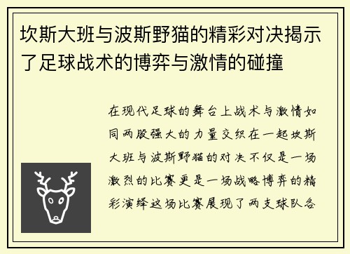 坎斯大班与波斯野猫的精彩对决揭示了足球战术的博弈与激情的碰撞