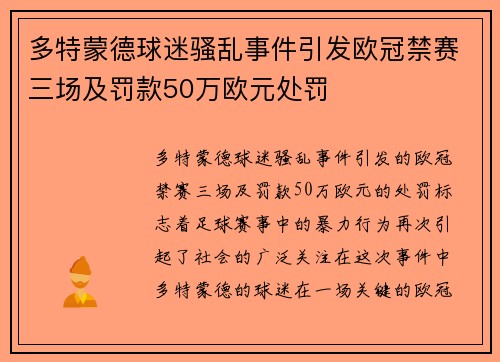 多特蒙德球迷骚乱事件引发欧冠禁赛三场及罚款50万欧元处罚